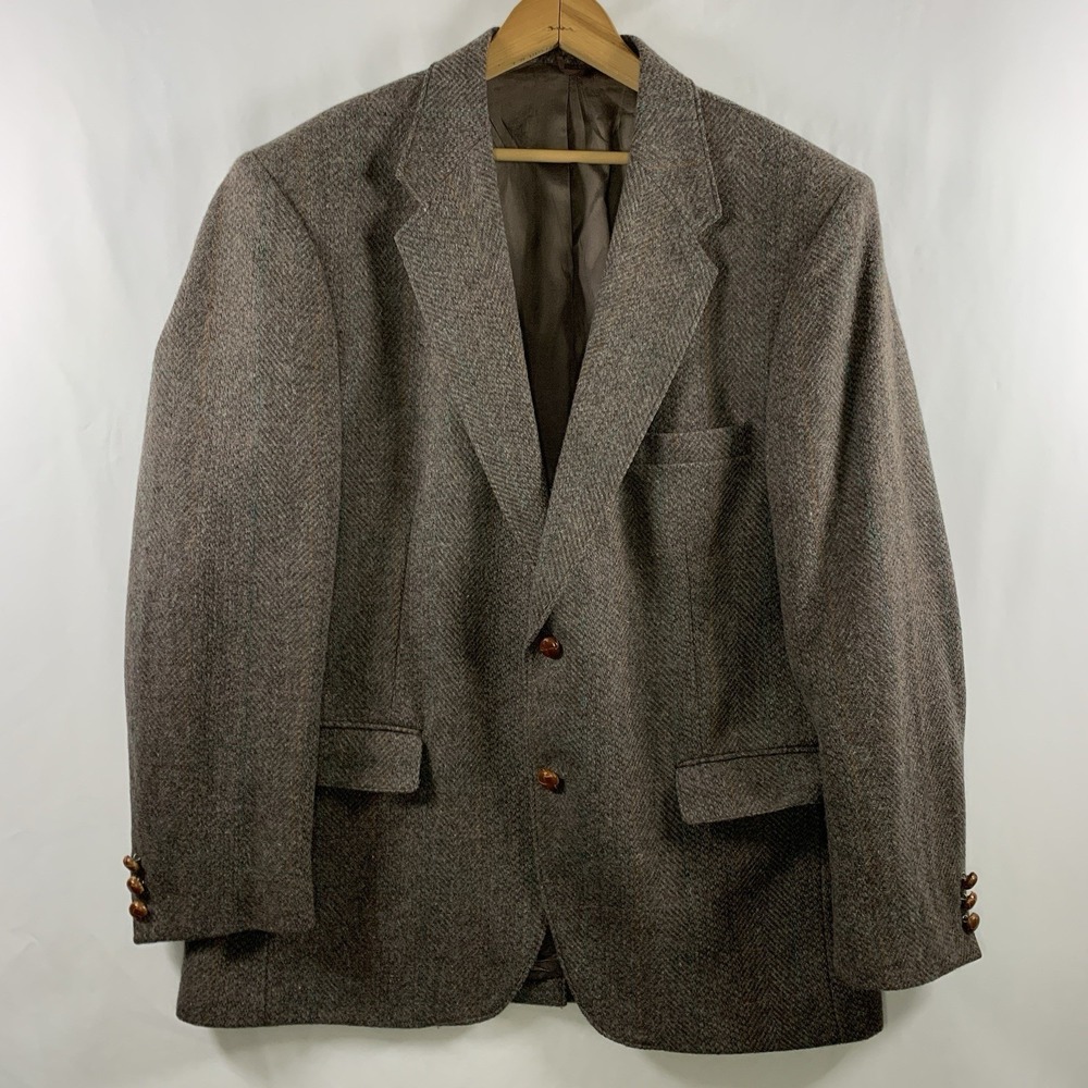 VTG 90s Ivy Style Mens Tweed Sport Coat Jacket 44R Herringbone Wide Lapel Preppy